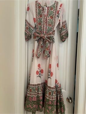Embroidered Maxi Dress with Coral & Green Floral Print